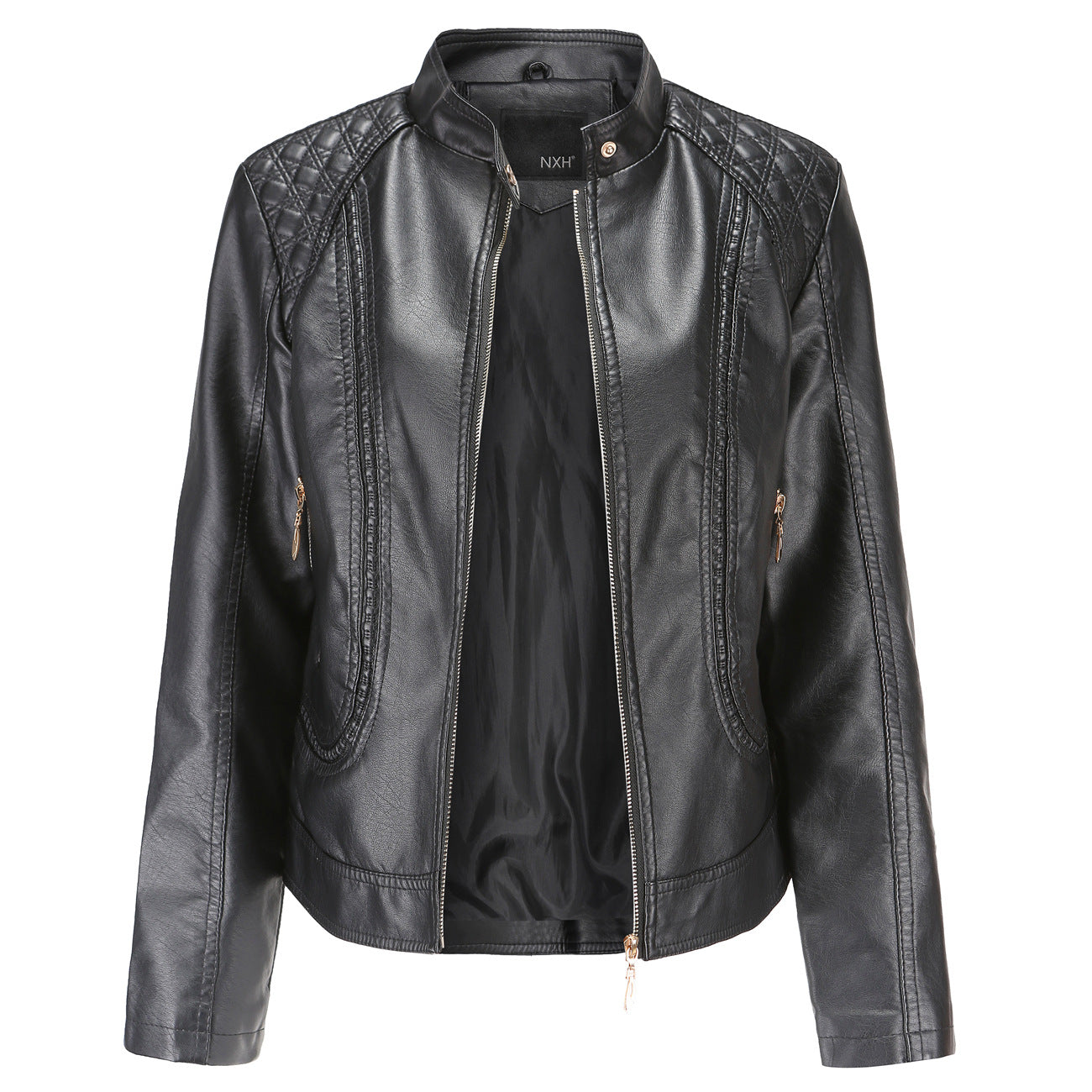 Women's Faux Leather Jacket with Fashionable Quilted Details Ivyshape