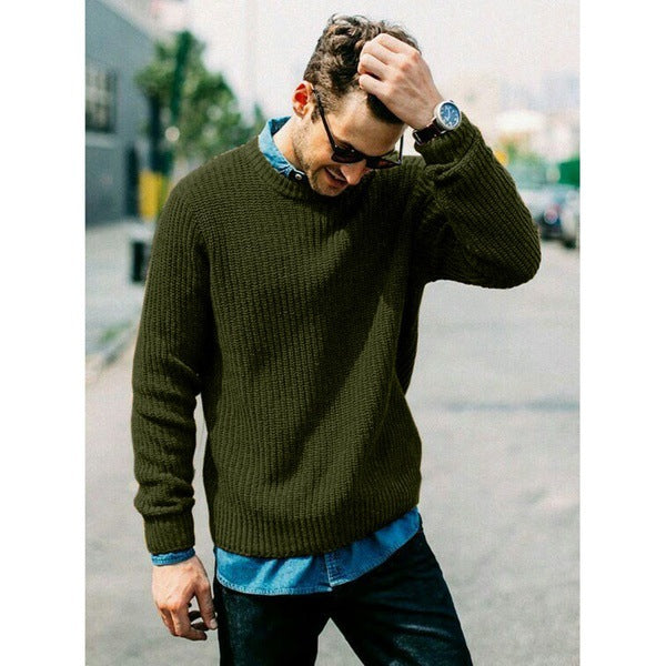 Men's chunky knit round neck sweater with casual fit Ivyshape