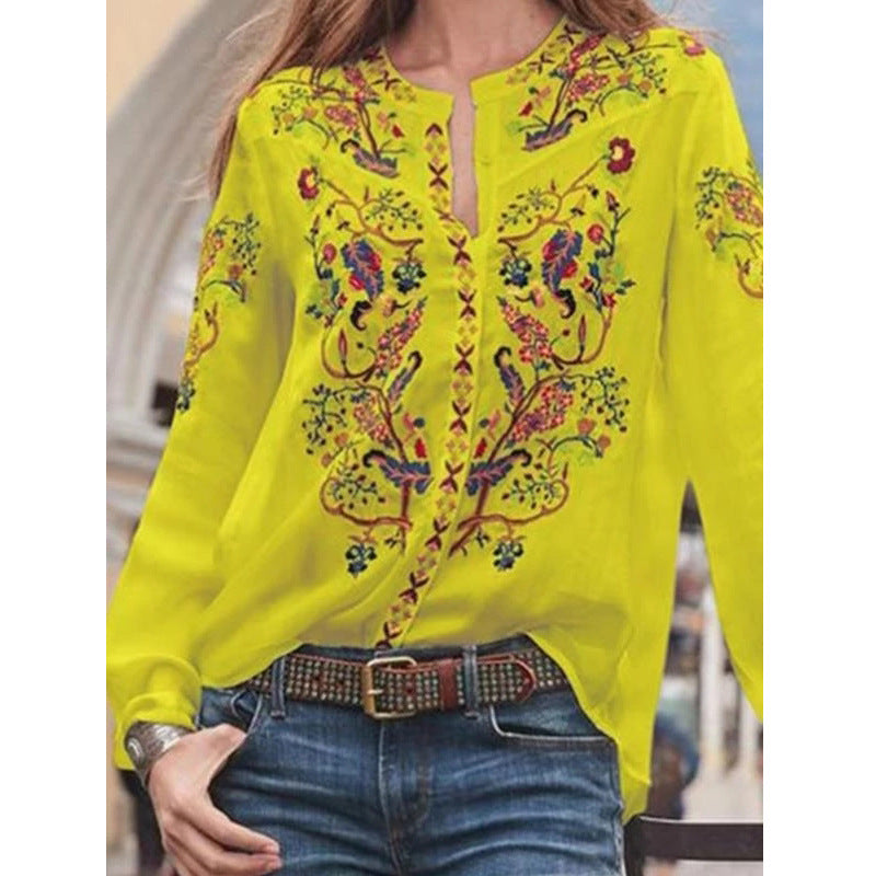 Women Embroidered Blouse with Elegant Stand-up Collar and Transparent Fabric Ivyshape