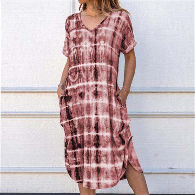 Ladies Loose Maxi Dress with Practical Pocket Design and Unique Tie-Dye Pattern Ivyshape
