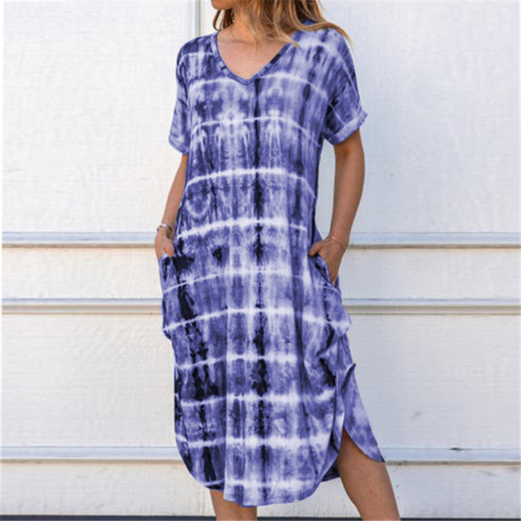 Ladies Loose Maxi Dress with Practical Pocket Design and Unique Tie-Dye Pattern Ivyshape