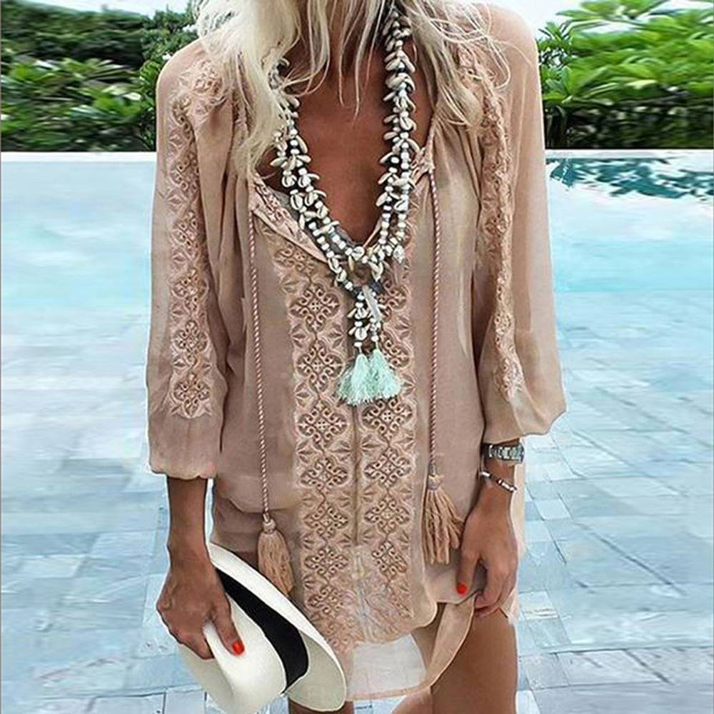 Women Embroidered Beach Cover-Up Dress Ivyshape