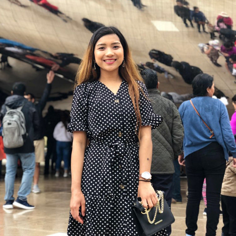 Women's Polka-Dots Dress with Step-by-Step Button Closure and Shaping Belt Ivyshape