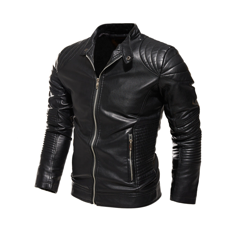 Men's biker jacket made of skillfully processed leather with striking quilted details and practical pockets Ivyshape