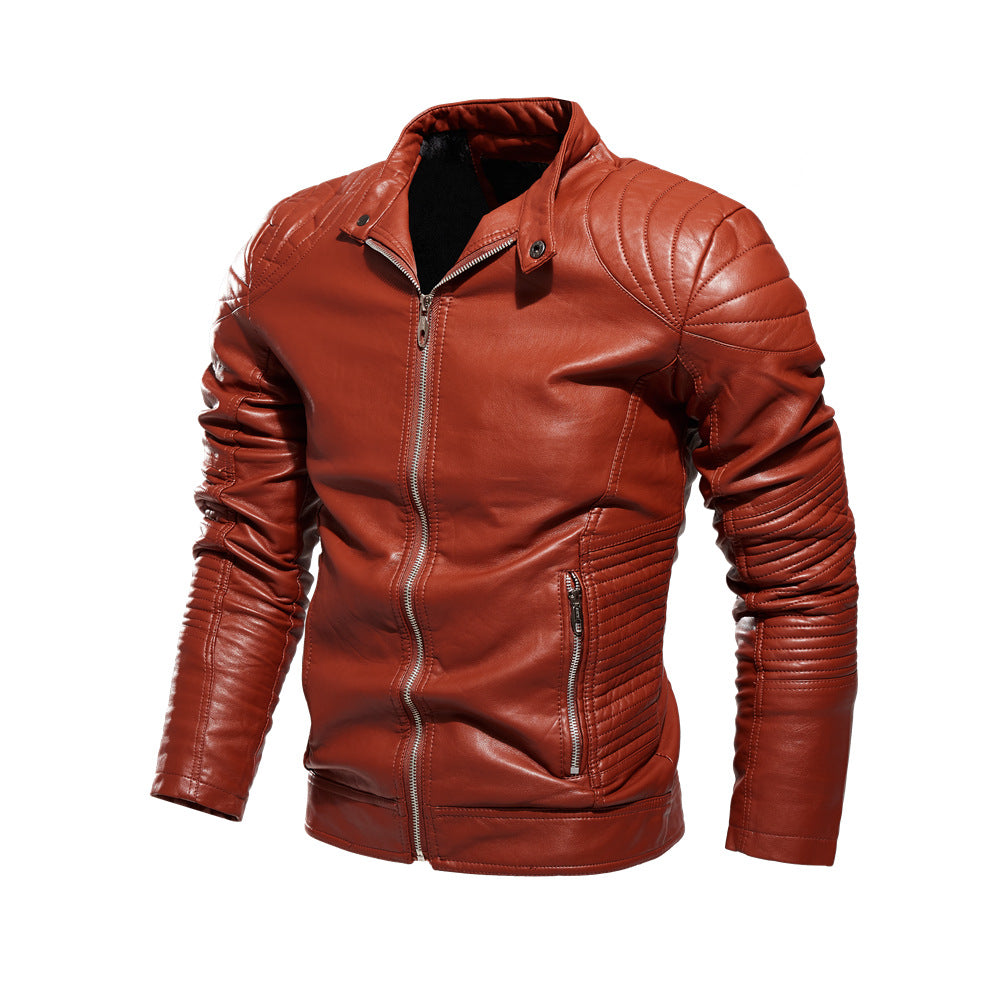 Men's biker jacket made of skillfully processed leather with striking quilted details and practical pockets Ivyshape