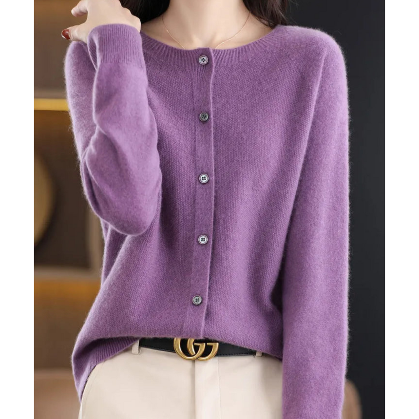 Ivyshape | Women’s cardigan with O-neck made of 100% pure merino wool, cashmere sweater