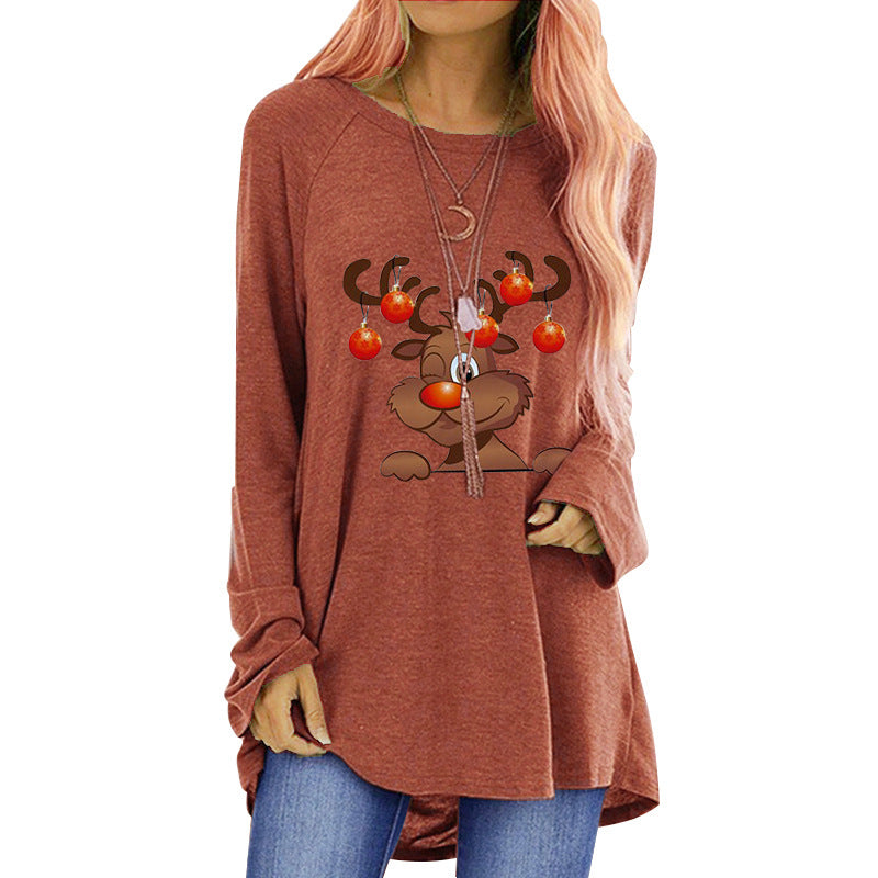 Women's Round Neck Sweatshirt with Playful Reindeer Motif and Loose Cut Ivyshape