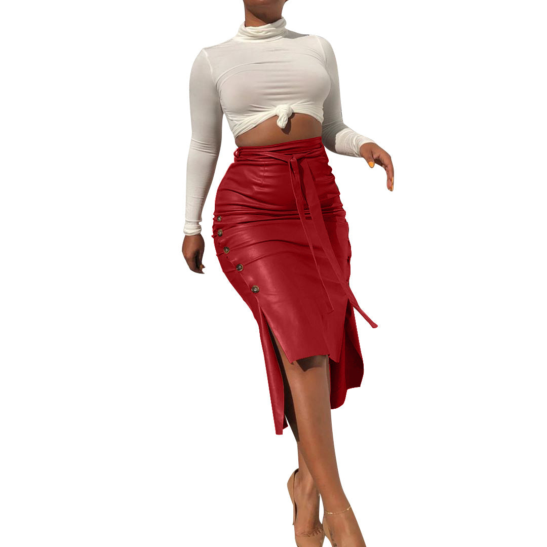 Ladies Elegant Pencil Skirt made of Faux Leather with Side Buttons and Waist Belt Ivyshape