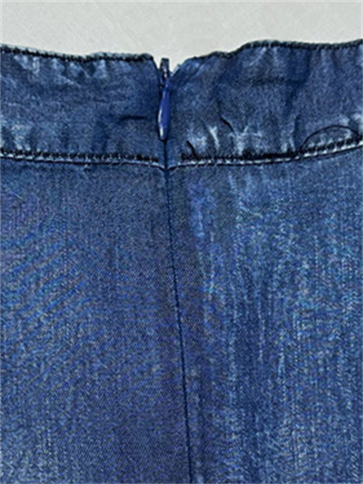 Retro Neckline Embroidery Mid Length A-Line Denim Dress