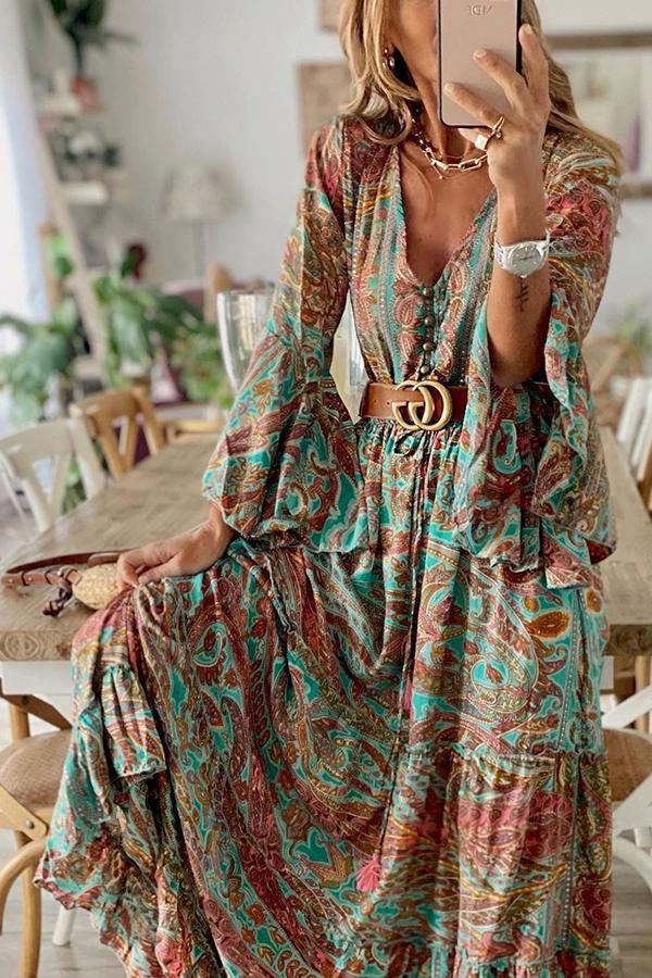 Ivyshape | Women's Bohemian paisley print & trumpet sleeve maxi dress