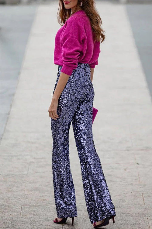 Ivyshape | Elastic Waist Bell Bottoms Stretch Sequined Pants