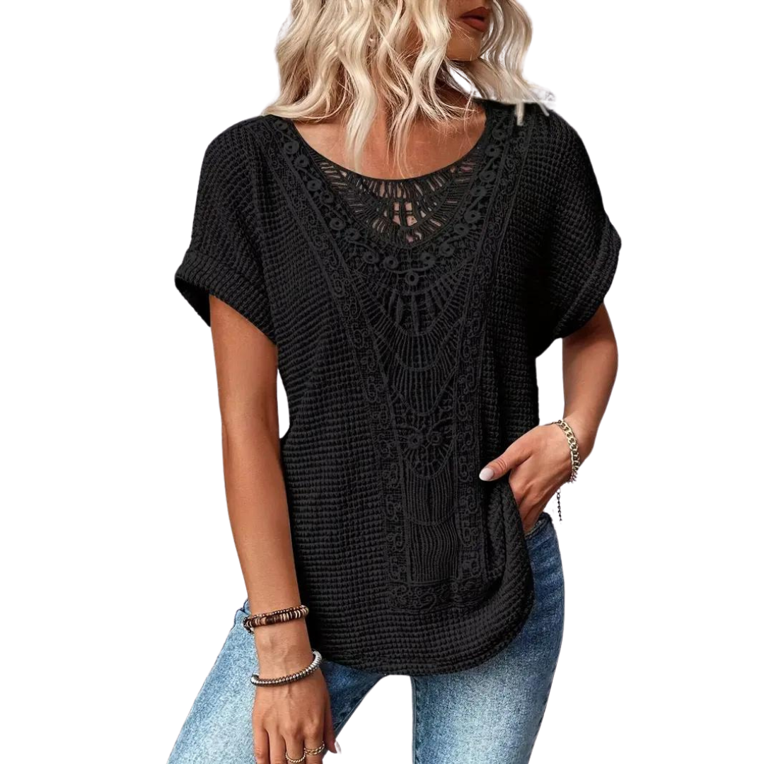 Ivyshape | Short Sleeve Top Casual Lace with Round Neck