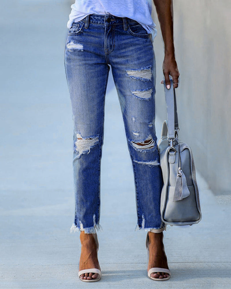 Ivyshape | Women Chic Torned Jeans Denim