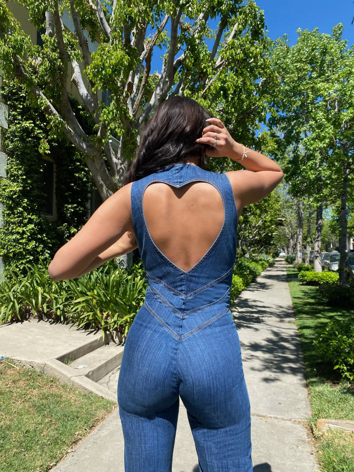 Denim Overall for Women, open back with heart-shaped cutout, sleeveless, fitted, jumpsuit