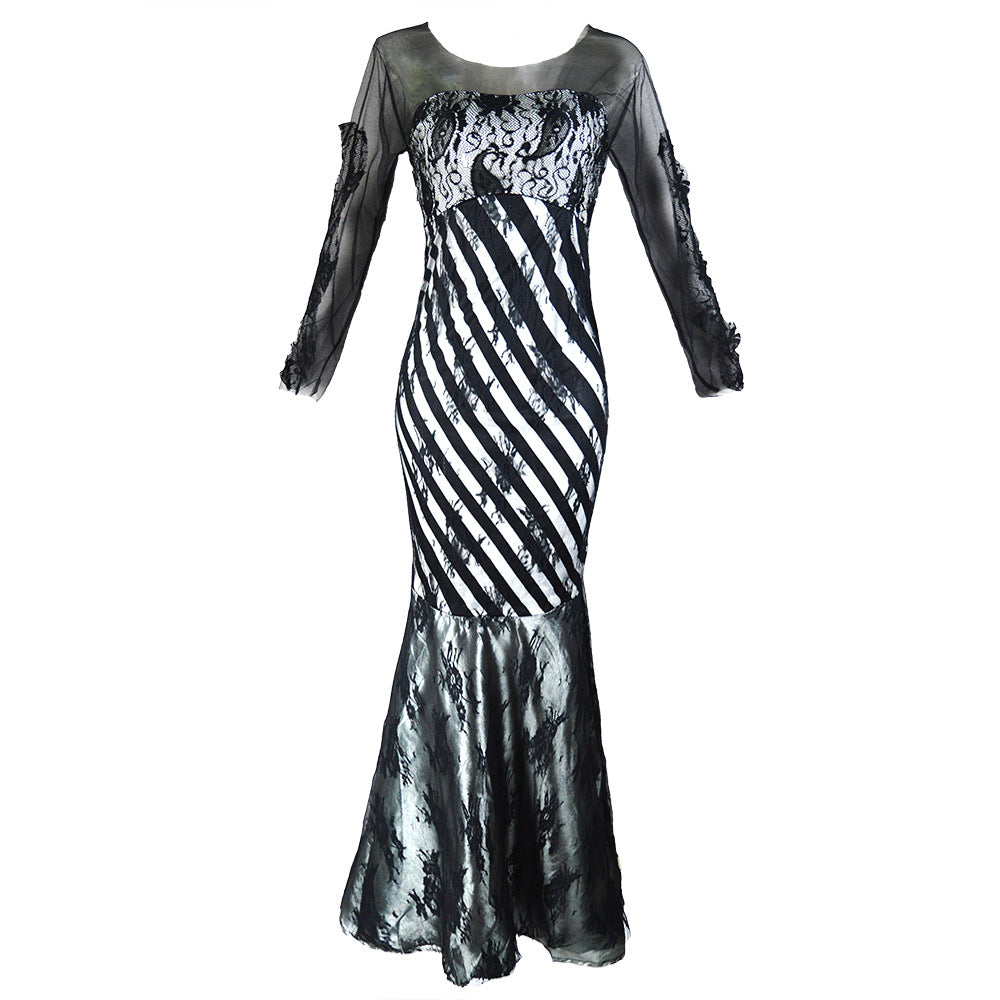 Women's Elegant Draped Mermaid Dress with Sheer Sleeves Ivyshape