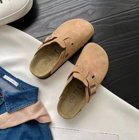Suede slip-on clogs with adjustable buckle