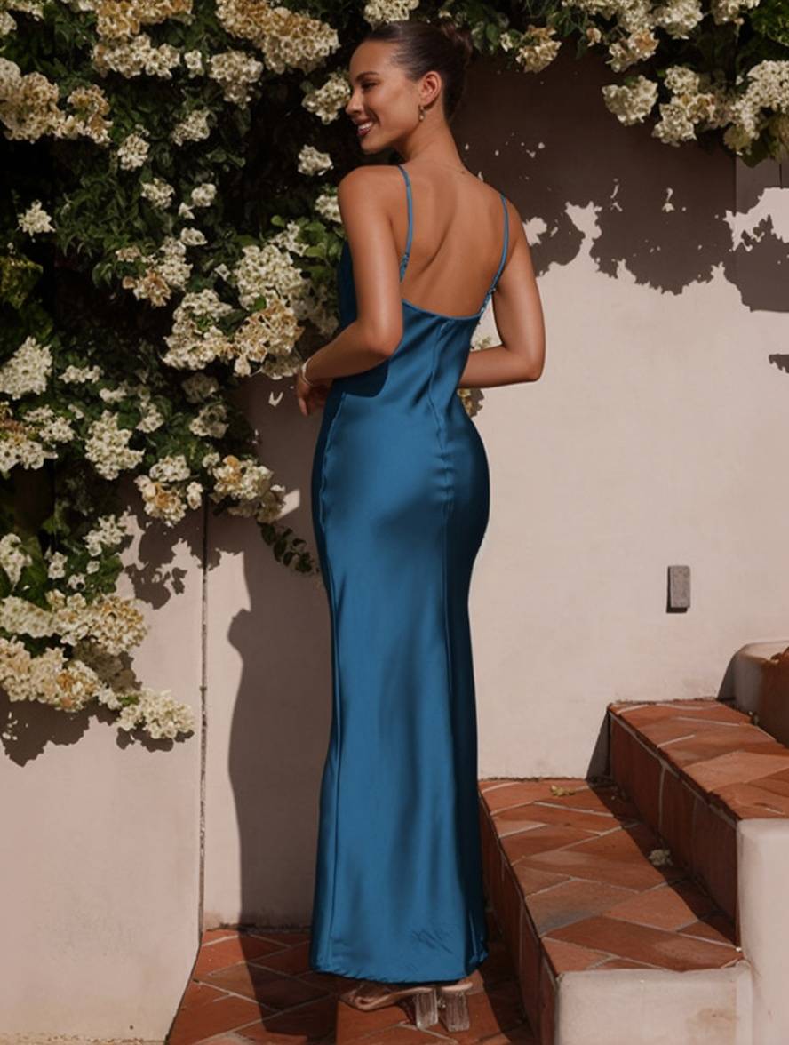 IvyShape | Dress Bridesmaid Satin Figure-Hugging Backless with Delicate Straps Elegant Ladies Evening Party Wedding Guest