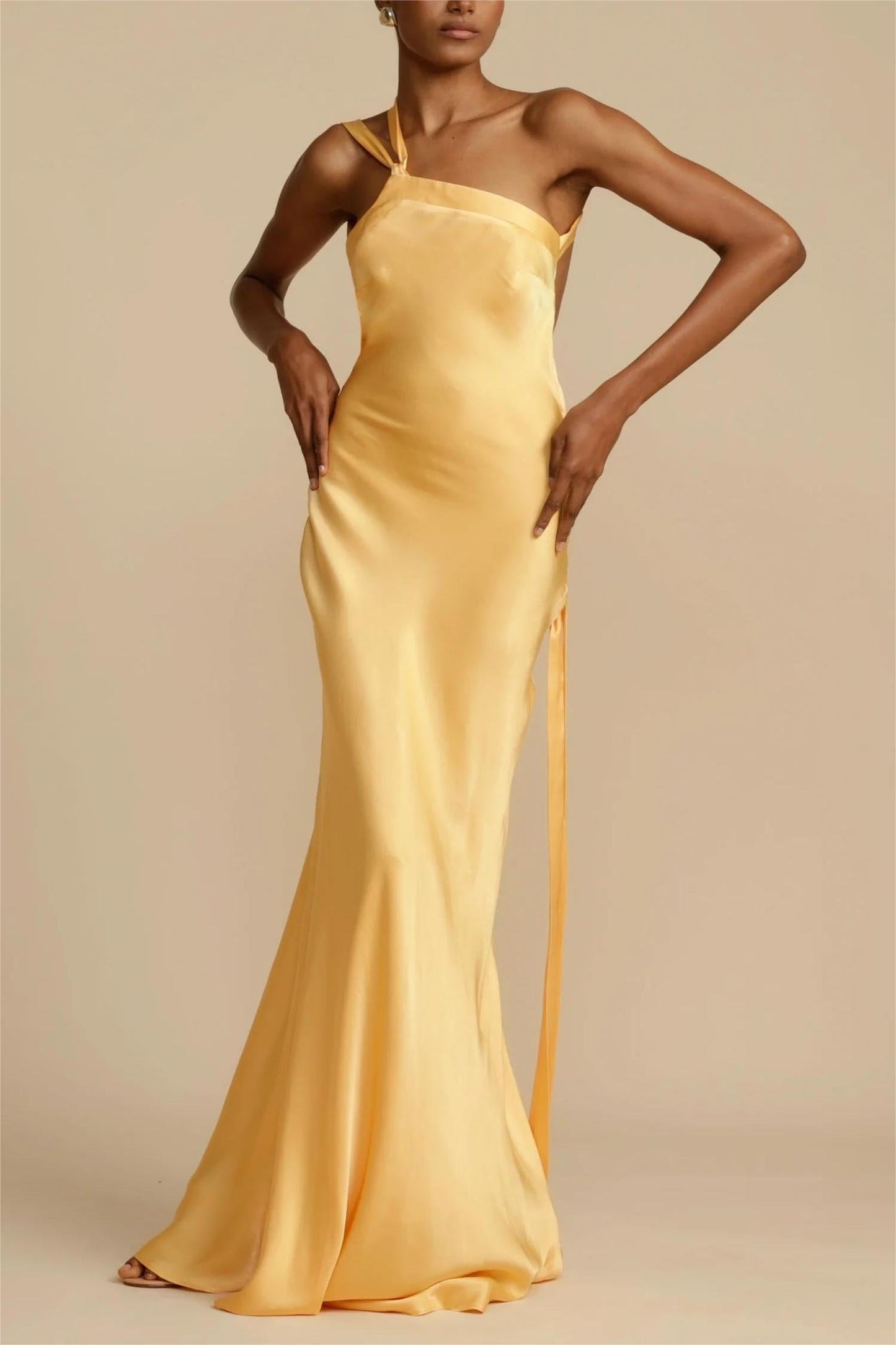 Ivyshape | Soiree Satin Asymmetrical One Shoulder Backless Strap Maxi Dress
