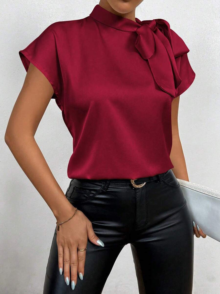 Ivyshape | Satin blouse Short sleeve High collar With bow Elegant relaxed fit