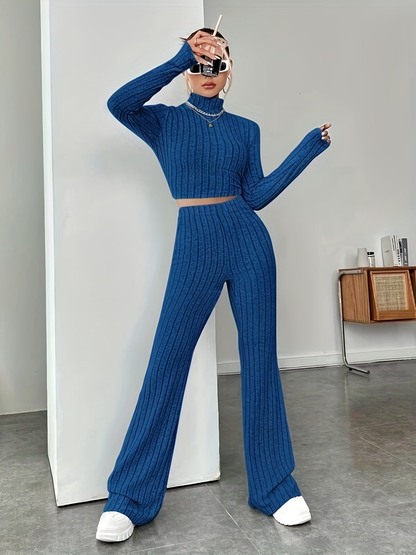 Women cropped long sleeve top and wide pants in rib design Ivyshape