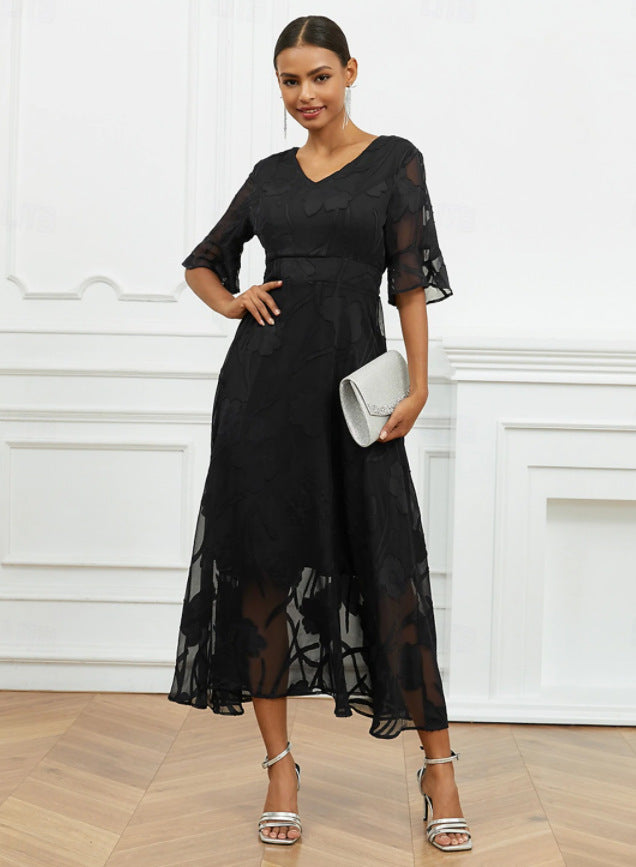 Ladies elegant midi dress with floral chiffon and V-neck Ivyshape