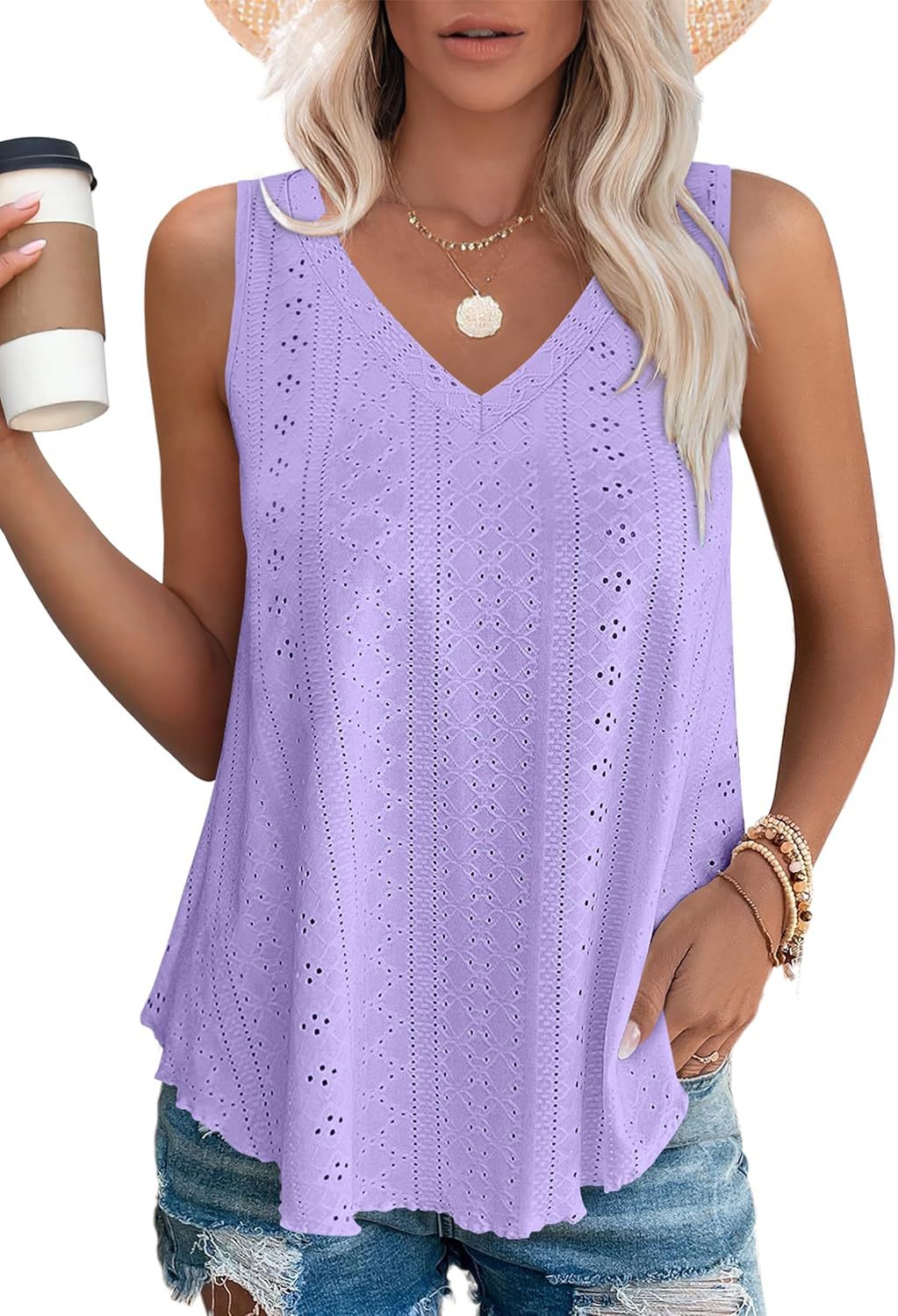 Women Eyelet Design Sleeveless Top Ivyshape