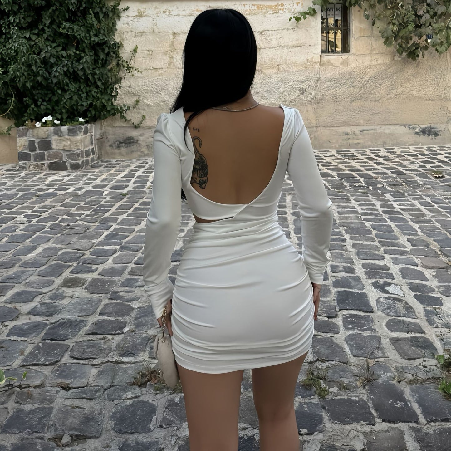 Women Figure-hugging Dress with Transparent Cut-Out and Elaborate Ruffle Details Ivyshape