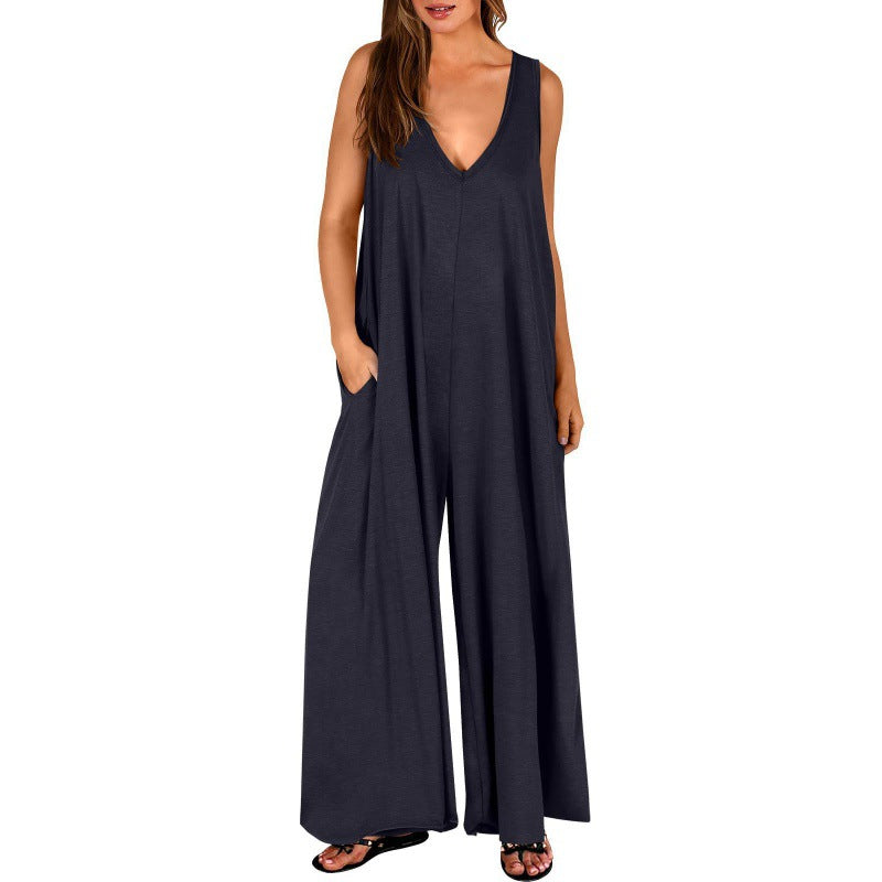 Women Elegant, Wide Jumpsuit with Deep V-Neck and Practical Pockets Ivyshape