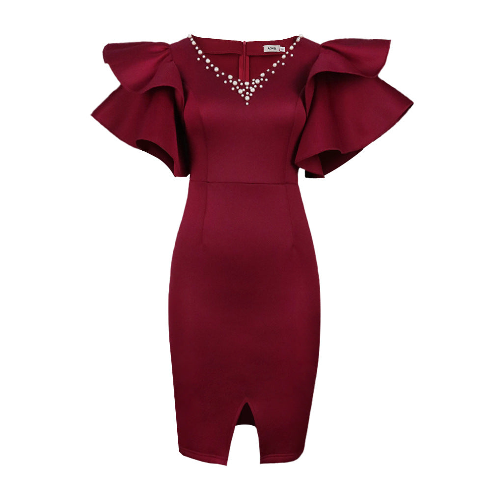 Women Figure-hugging dress with voluminous ruffle shoulders and sparkling accents Ivyshape
