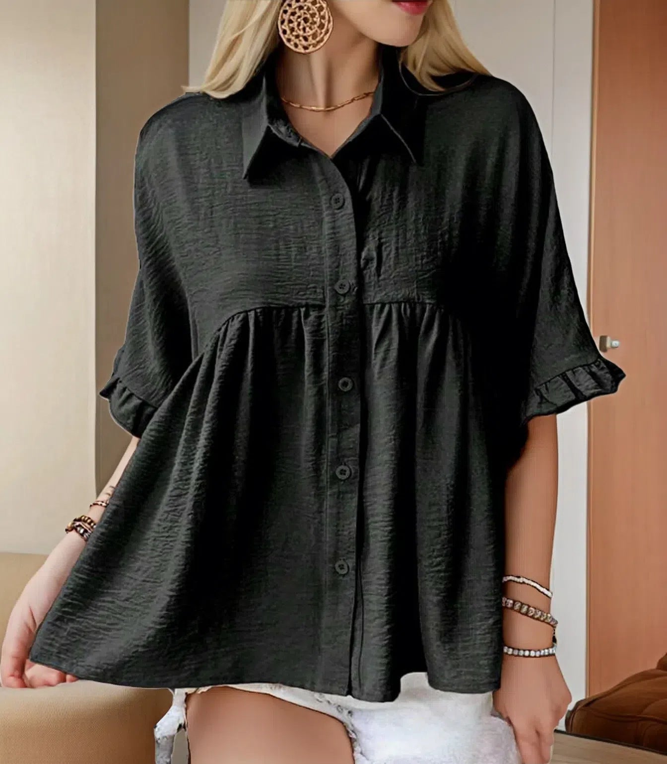 Women's Flowing Short Sleeve Blouse Shirt with Ruffle Details Ivyshape