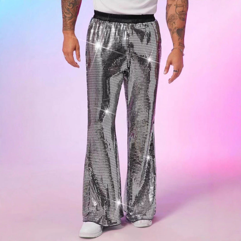 Men's Shiny Disco Pants with Wide Leg and Elastic Waist Ivyshape