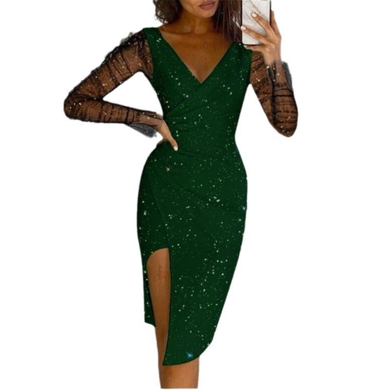 Women Celestial Print Bodycon Midi Dress with Sheer Sleeves Ivyshape
