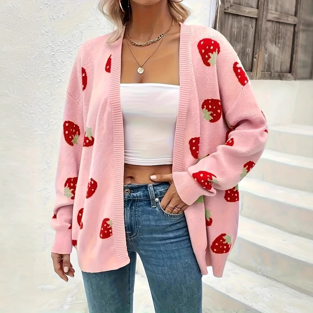 Ladies cardigan with cheerful strawberry pattern and soft material Ivyshape