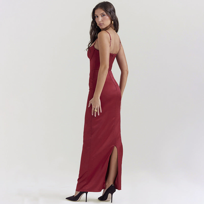 Women Elegant Satin Maxi Dress with Spaghetti Straps and Figure-Hugging Cut Ivyshape