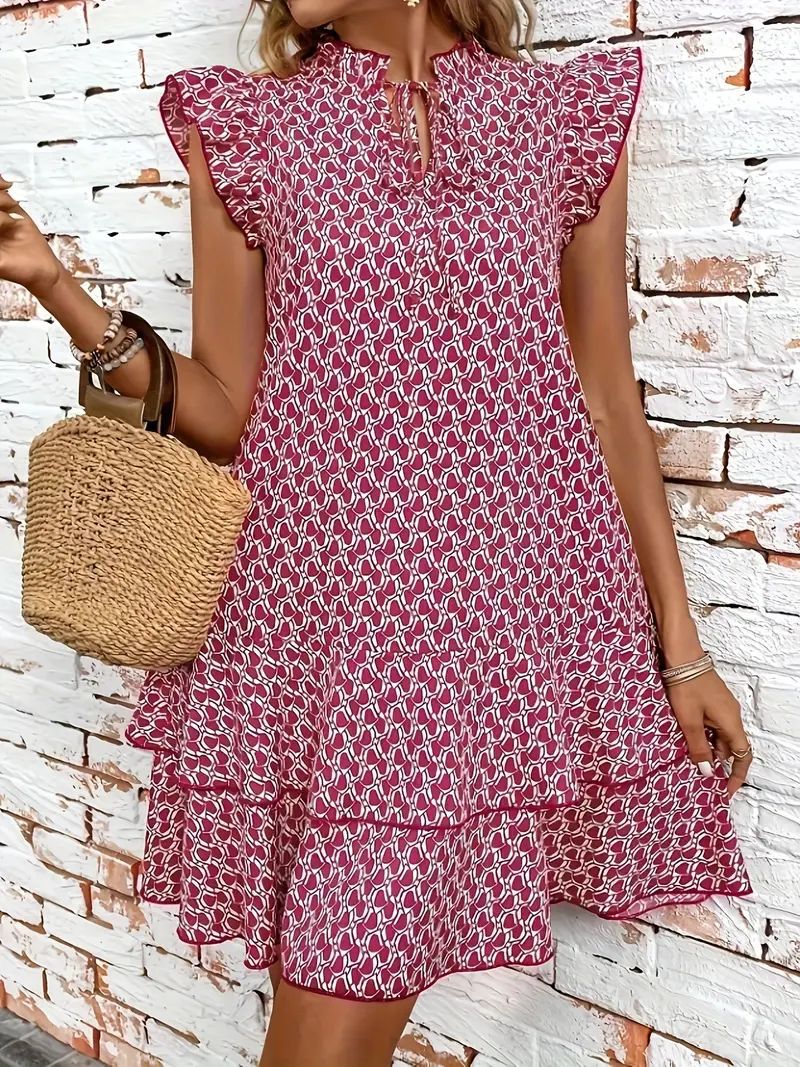 Women's Lightweight Boho Dress with Ruffle Details and High Neck Collar Ivyshape