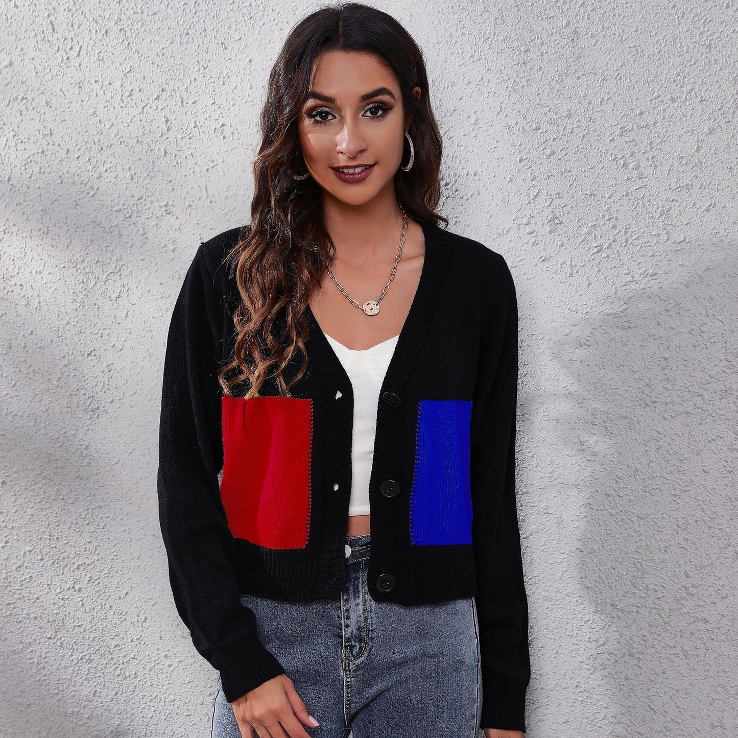 Ladies Fashion Cardigan with Colorful Pockets and Deep V-Neck Ivyshape