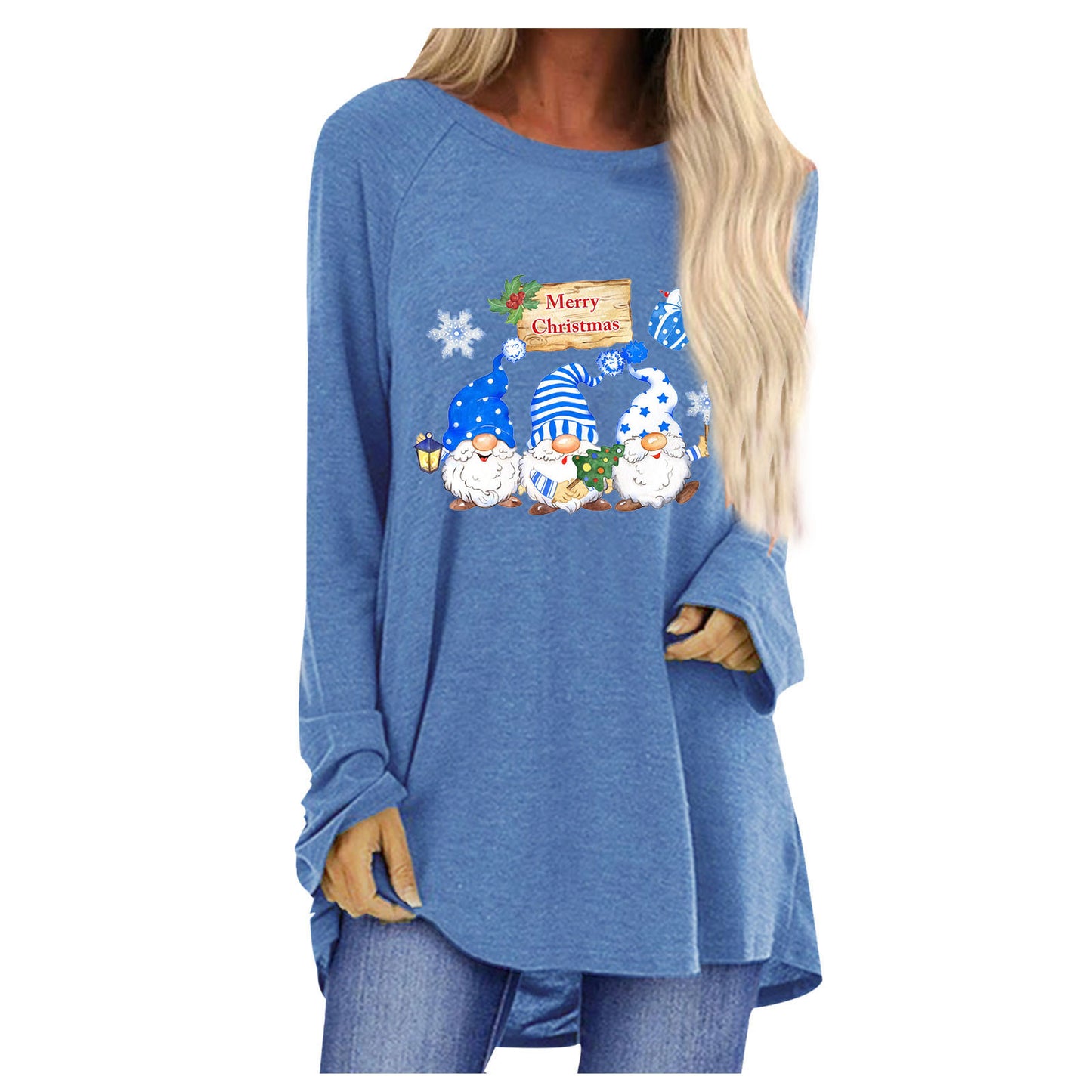 Women Oversized Long Sleeve Shirt with Festive Gnome Motif Ivyshape