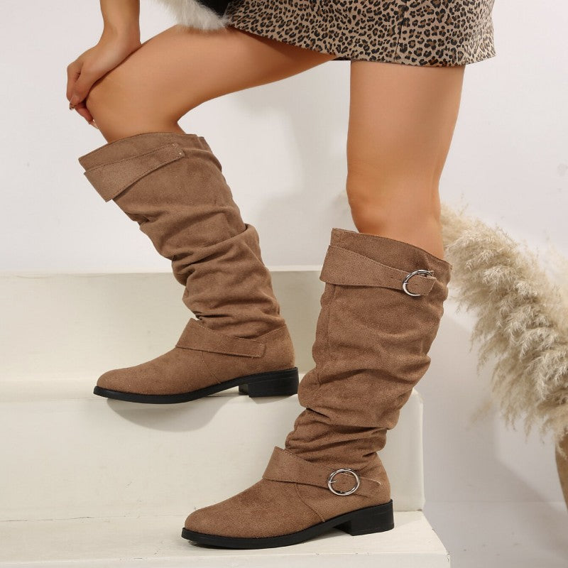 Ladies Stylish Overknee Boots with Fashionable Straps and Crumpled Design Ivyshape