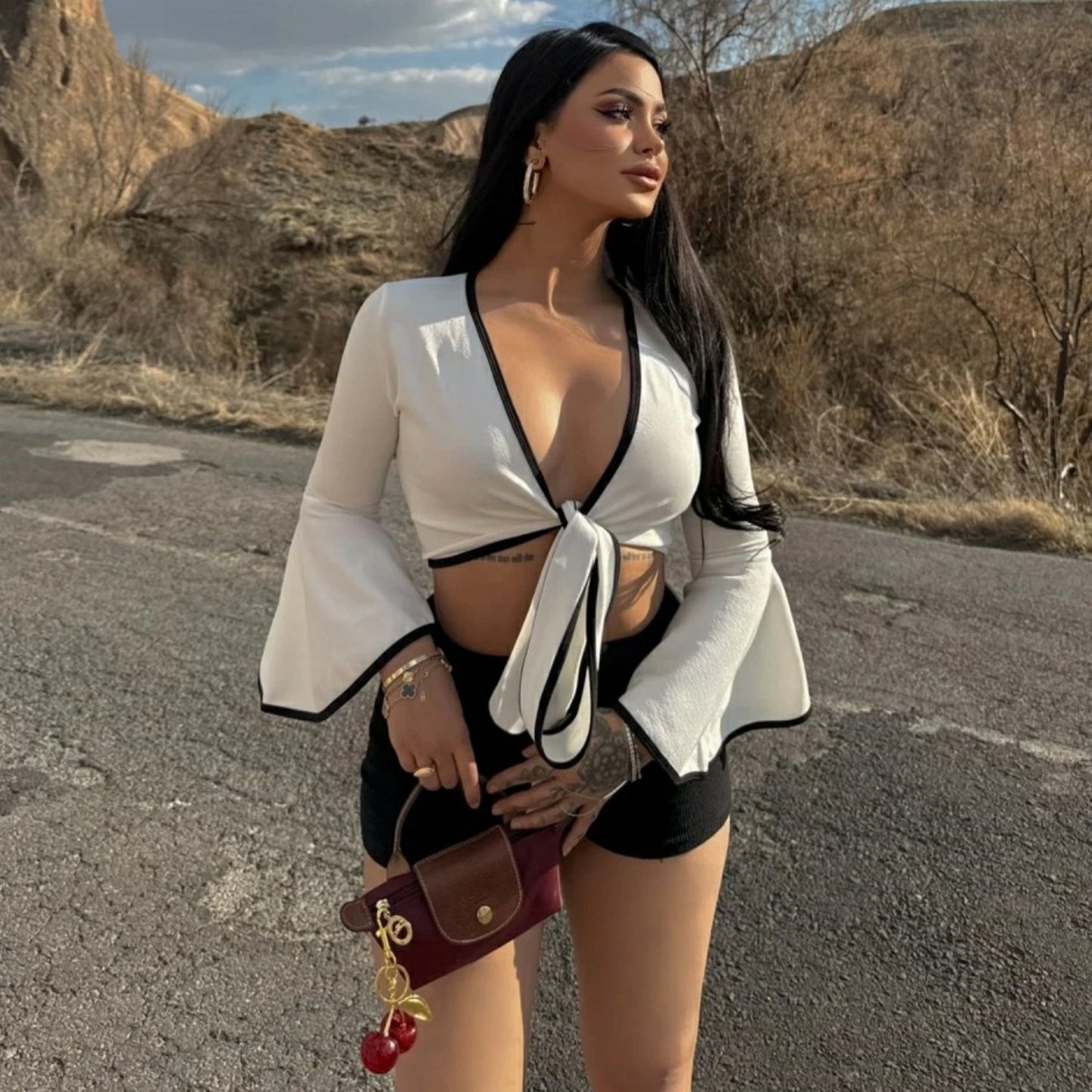 Women Cropped Blouse with Ties and Fashionable Bell Sleeves Ivyshape