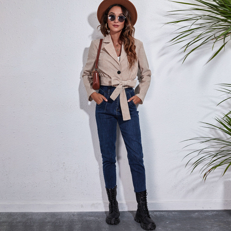 Women's Cropped Blazer with Waist Belt and Modern Cut Ivyshape