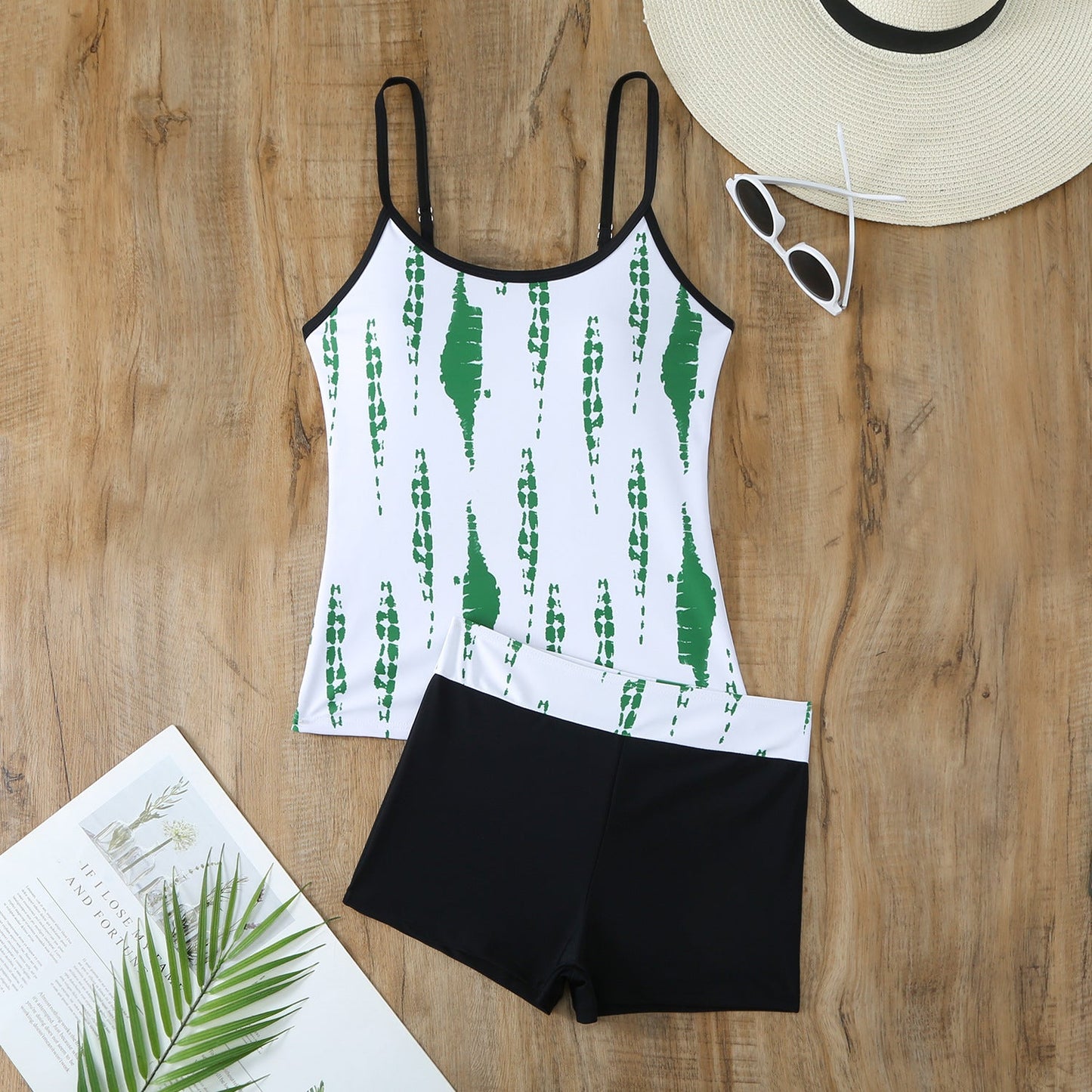 Ladies' Sporty Tankini Set with Fashionable Pattern and High-Waisted Shorts Ivyshape