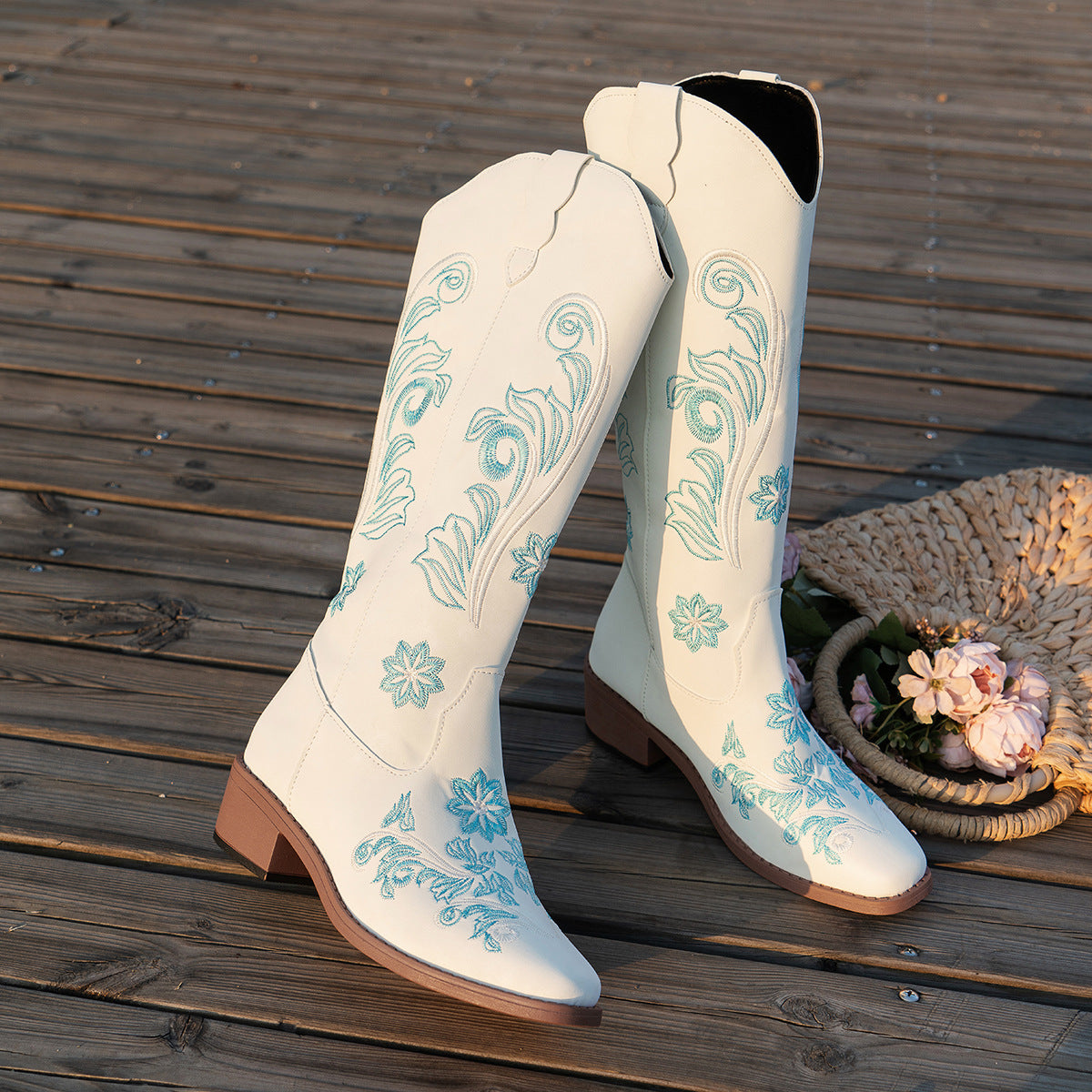 Women's cowboy boots with handmade floral details and comfortable block heel Ivyshape