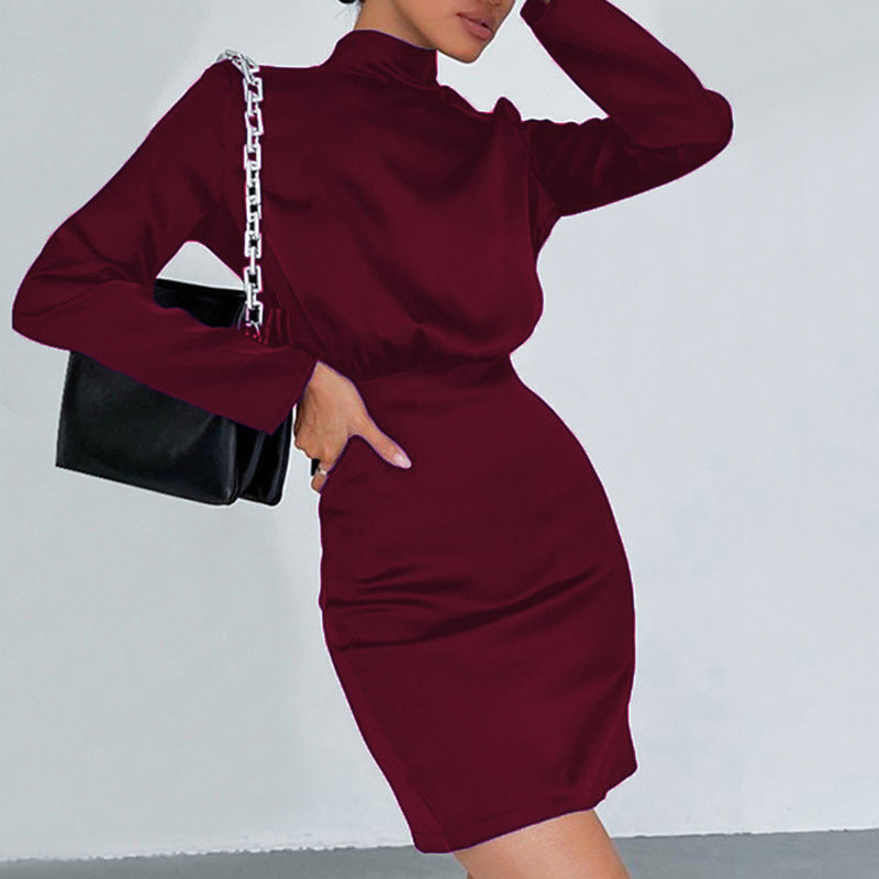 Ladies Elegant Mini Dress with High Neck and Long Sleeve Ivyshape