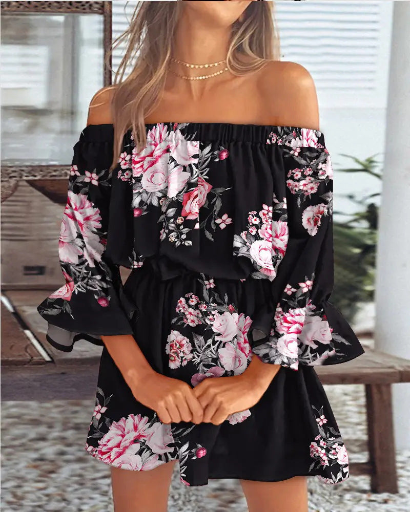 Ladies Summer Off-Shoulder Dress with Floral Pattern Ivyshape
