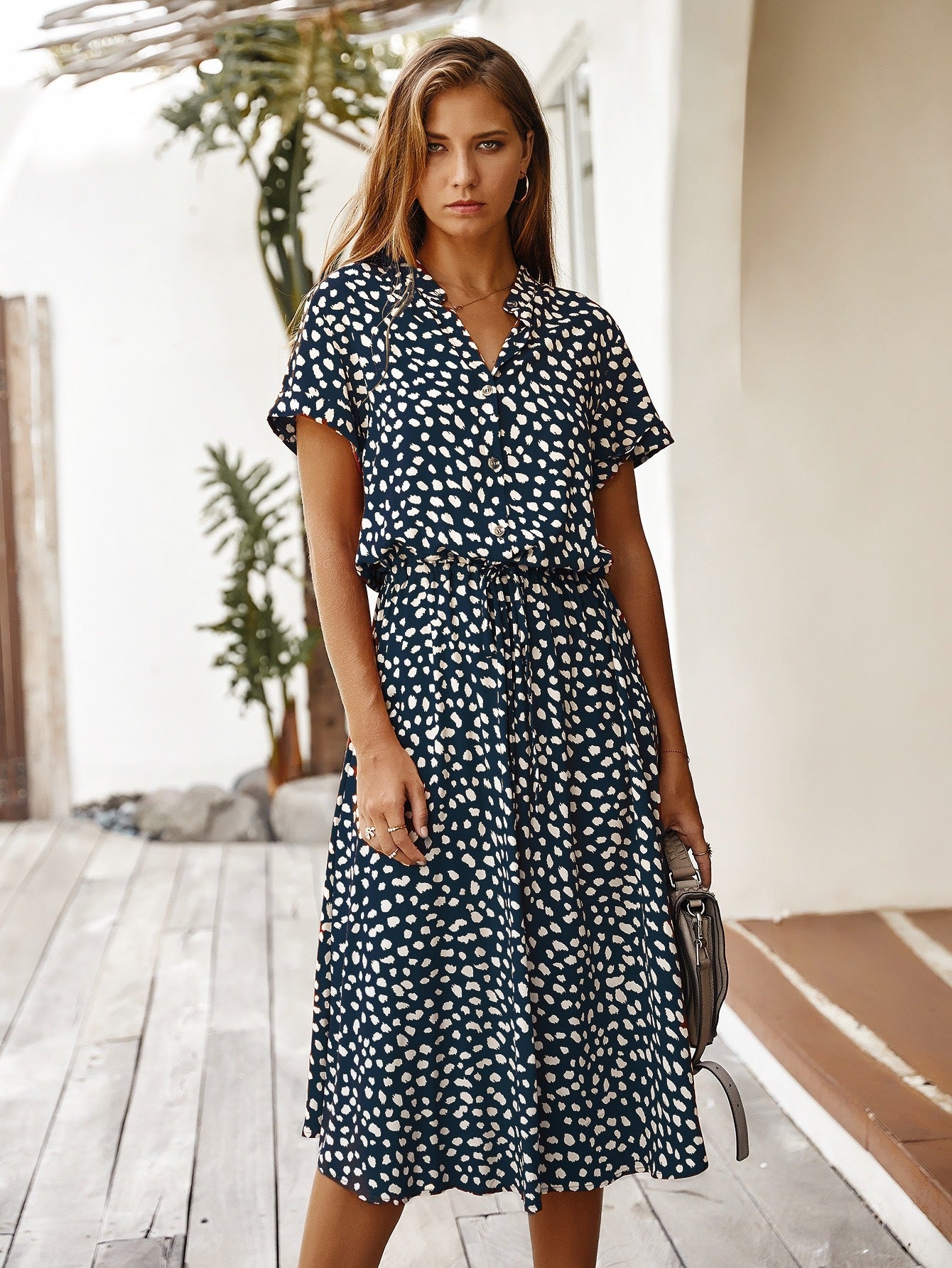 Women Short Sleeve Dress with Modern Dots and Waist Drawstring Ivyshape