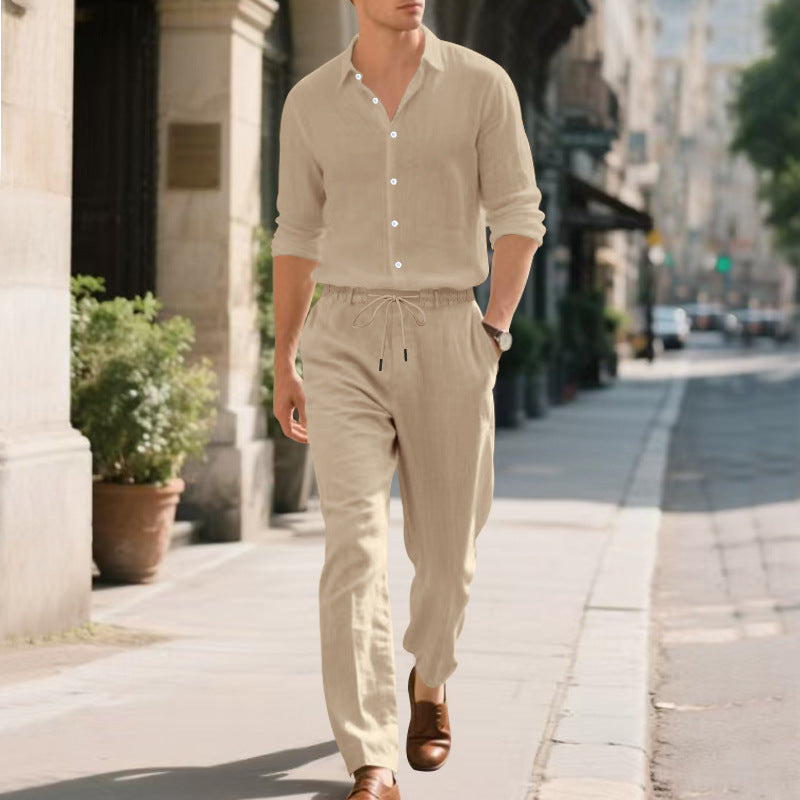 Men's airy linen trousers with elastic waistband and drawstring Ivyshape