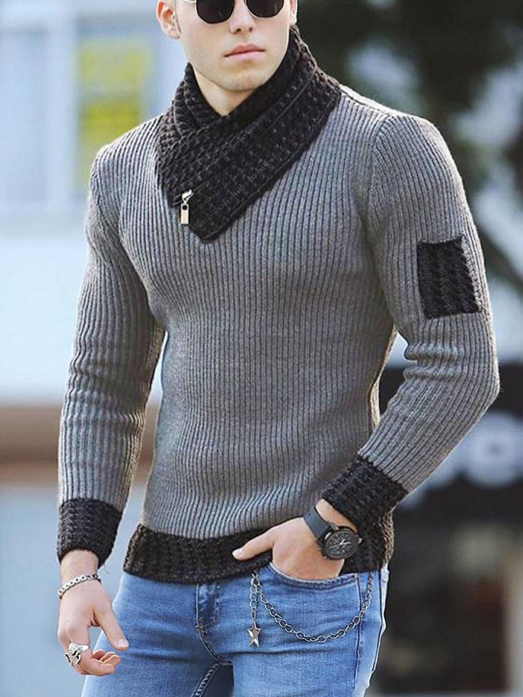 Men's knitted pullover with modern collar and zipper Ivyshape