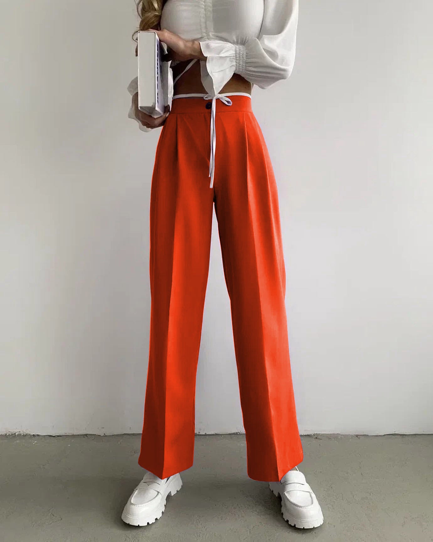 Women's wide classic trousers with high waistband and practical ties Ivyshape