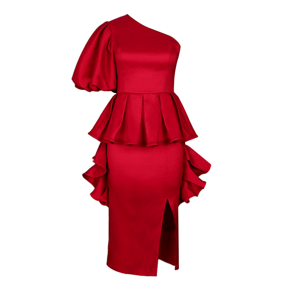 Women evening dress with asymmetric ruffle and flowing hem Ivyshape