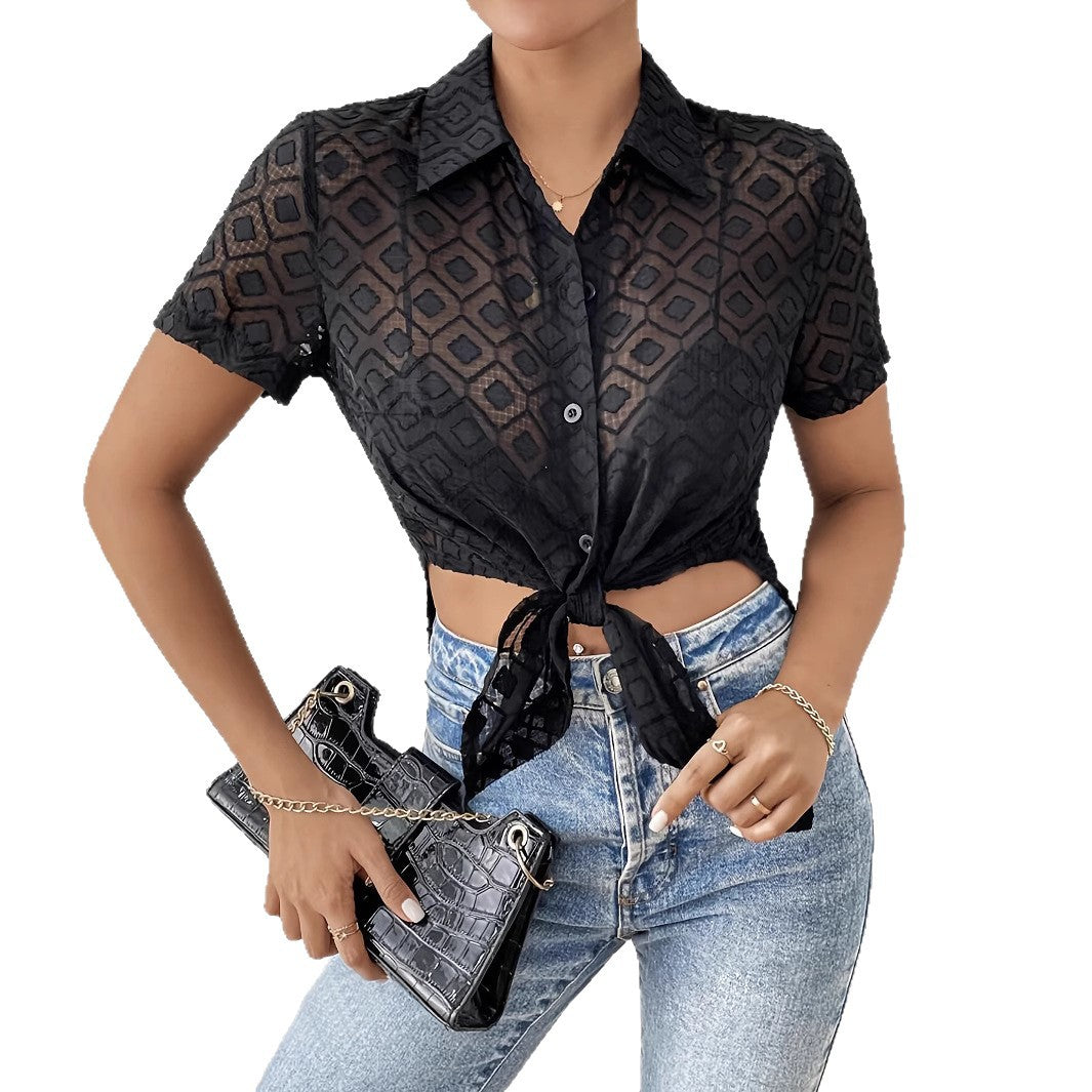 Ladies short sleeve shirt with knotted design and transparent structure Ivyshape